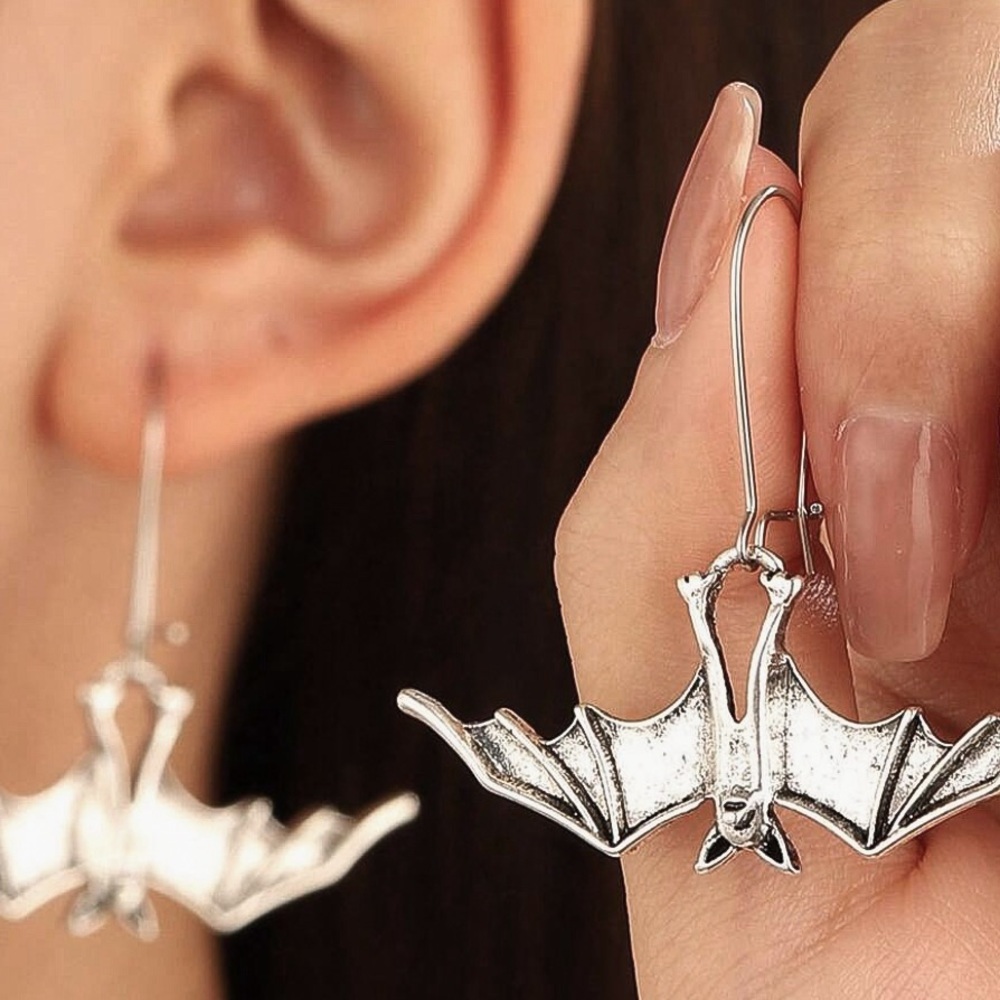 Silver Hanging Bat Ear Threader Earrings